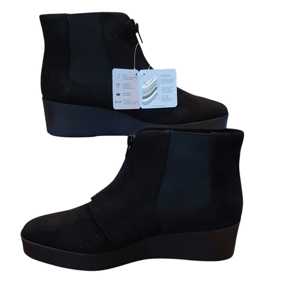 Aerosoles Black Wedge Heel  Front Zip Ankle Boots Sz 9 M Faux Suade Bootie NIB